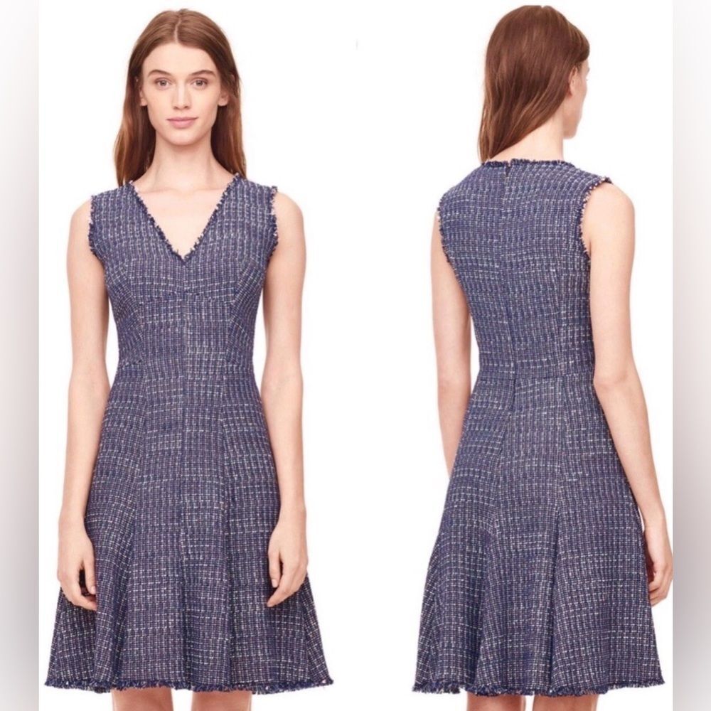 Rebecca Taylor Tweed Fit And Flare Dress Size 6 Navy Pink Raw Hem A Line Dress